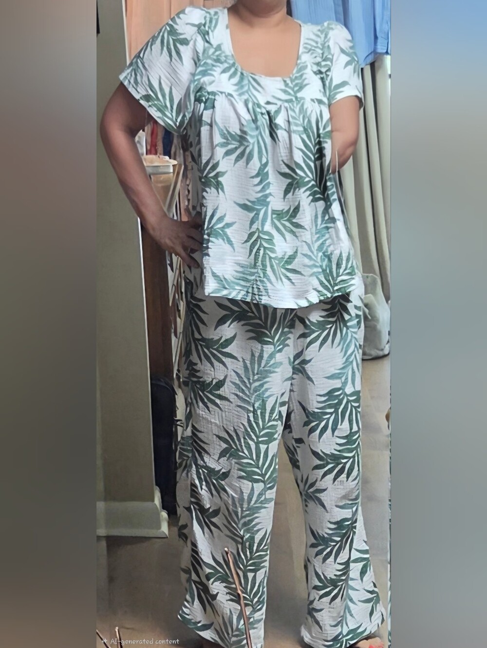 Wide Leg Palm-Print Lounge Pants in Green by
